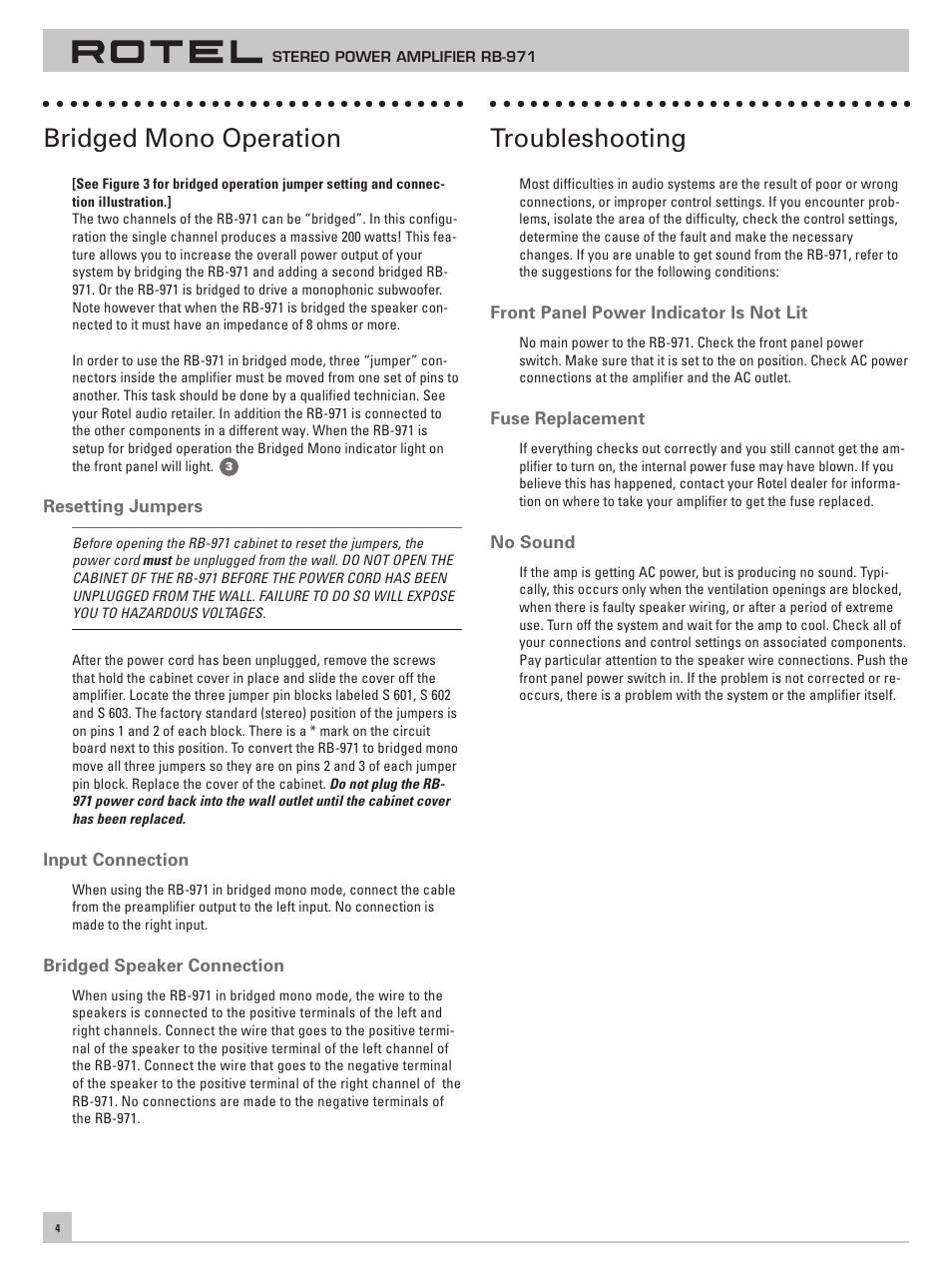 Bridged mono operation, Troubleshooting | ROTEL RB971 User Manual | Page 8 / 30