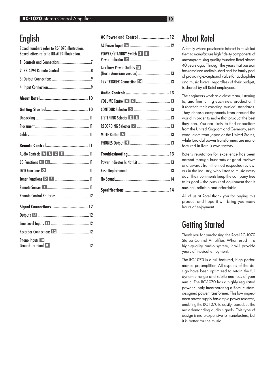 About rotel, Getting started, English | ROTEL RC1070 User Manual | Page 10 / 40