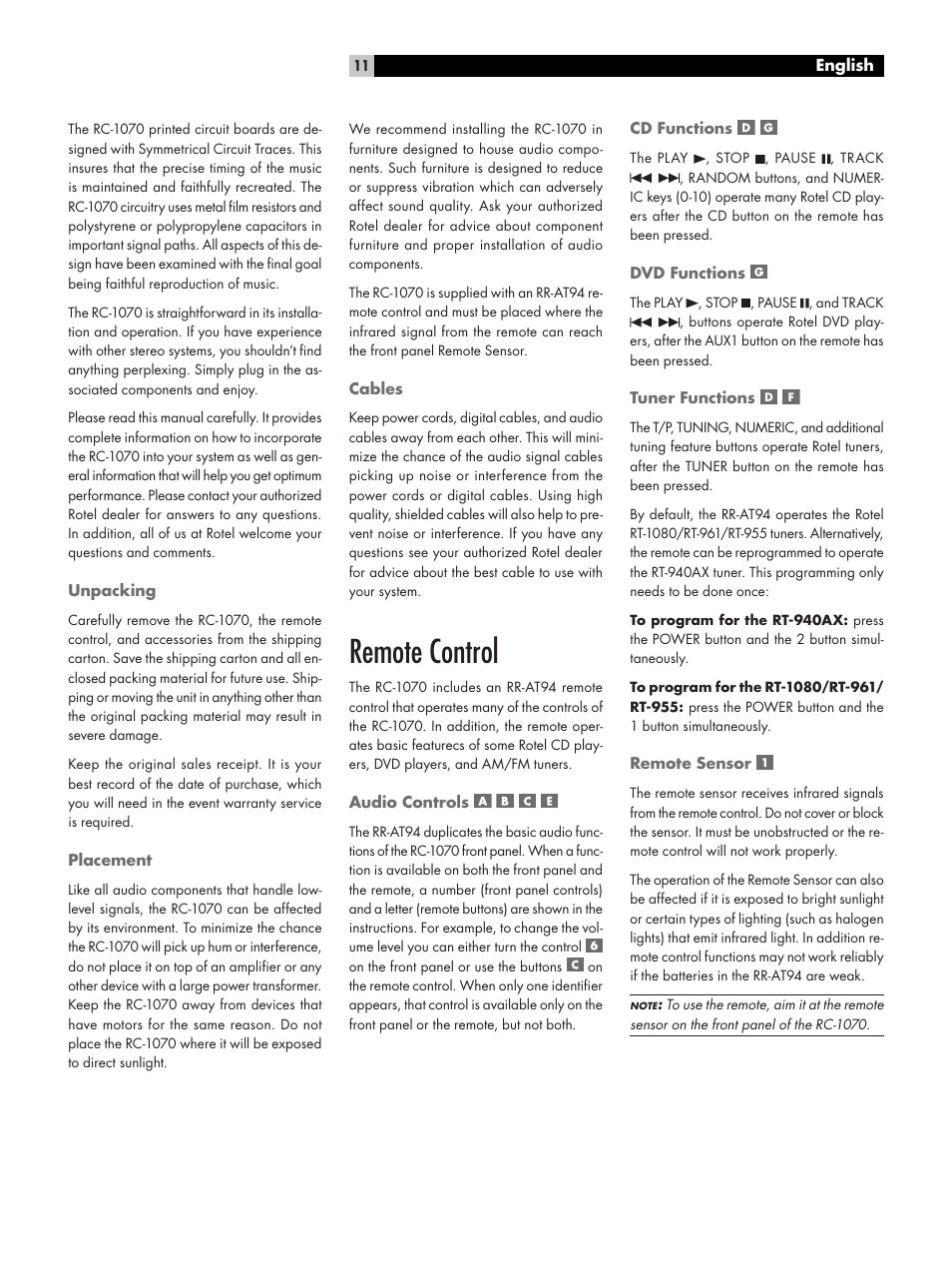 Remote control | ROTEL RC1070 User Manual | Page 11 / 40