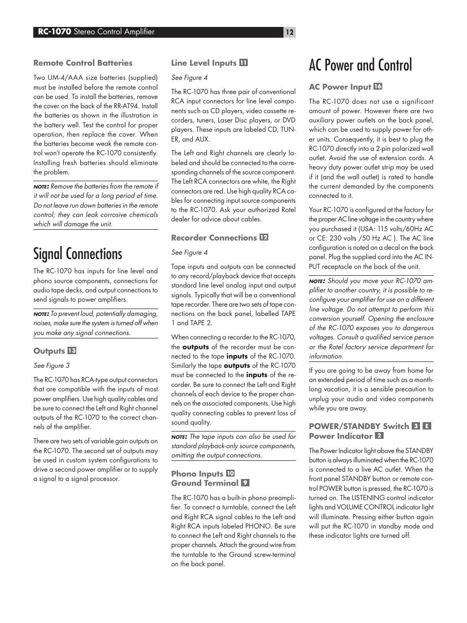 Signal connections, Ac power and control | ROTEL RC1070 User Manual | Page 12 / 40