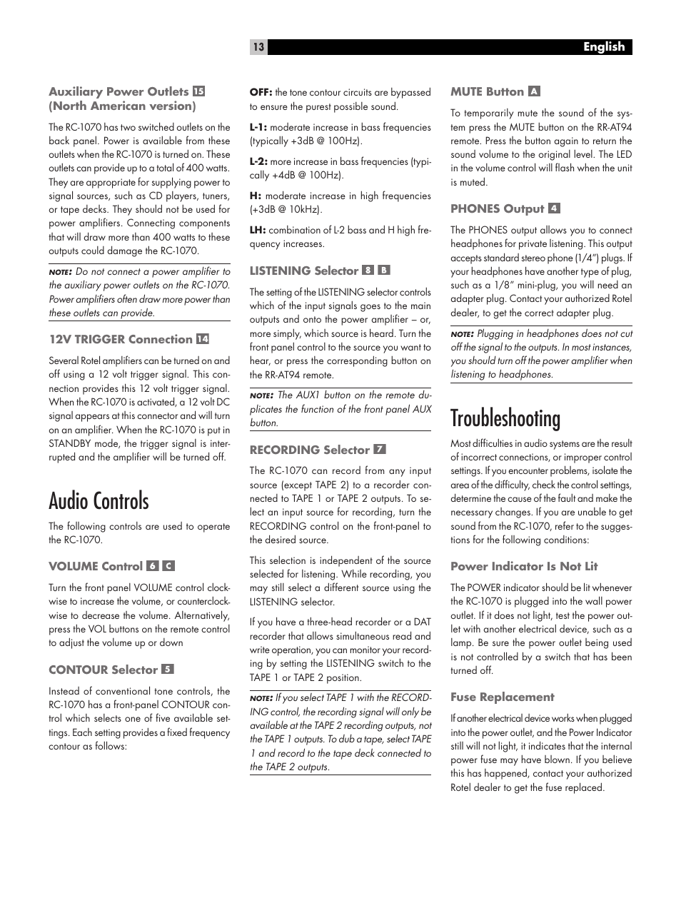 Audio controls, Troubleshooting | ROTEL RC1070 User Manual | Page 13 / 40