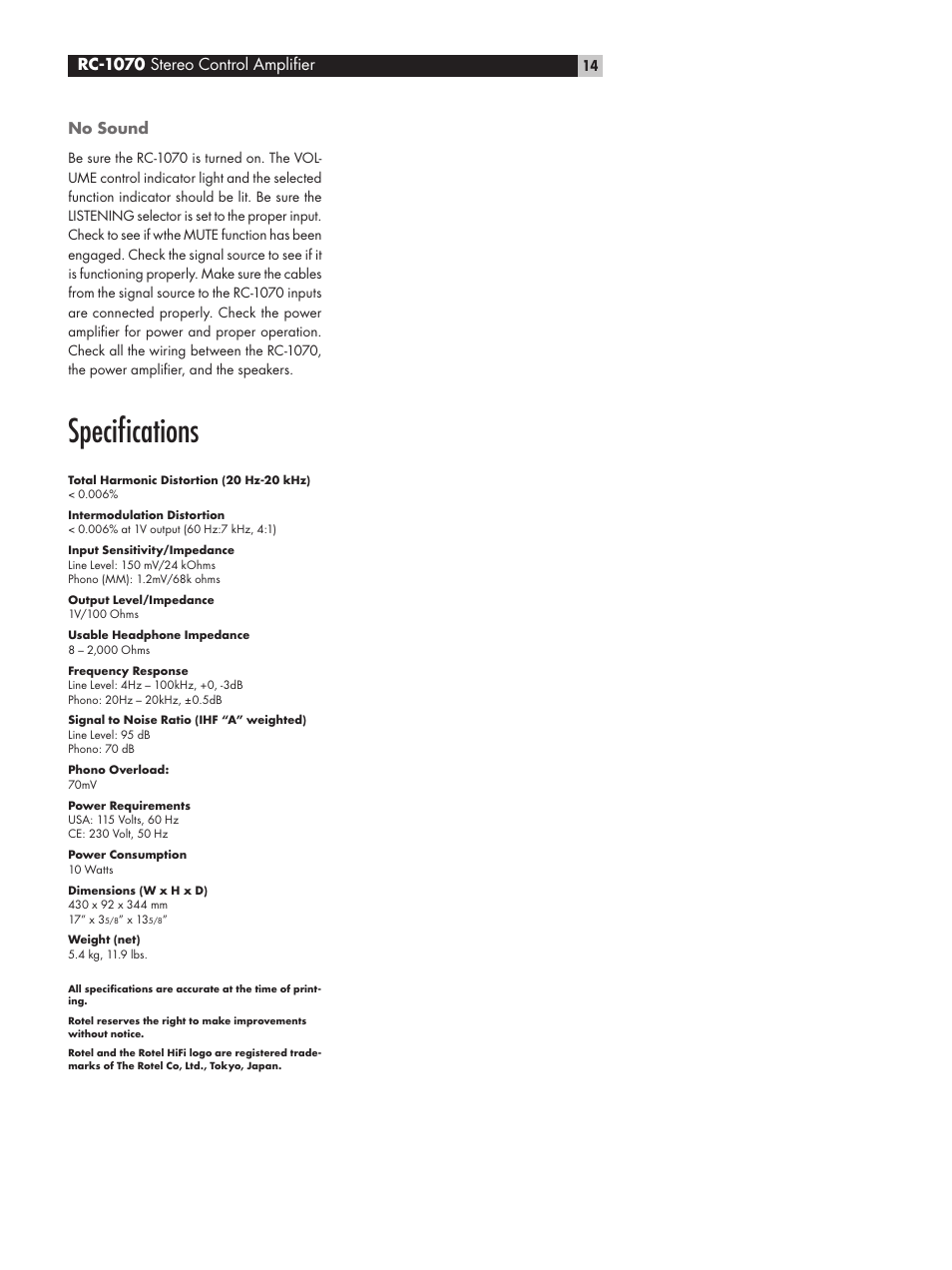 Speciﬁcations, Rc-1070 stereo control ampliﬁer | ROTEL RC1070 User Manual | Page 14 / 40