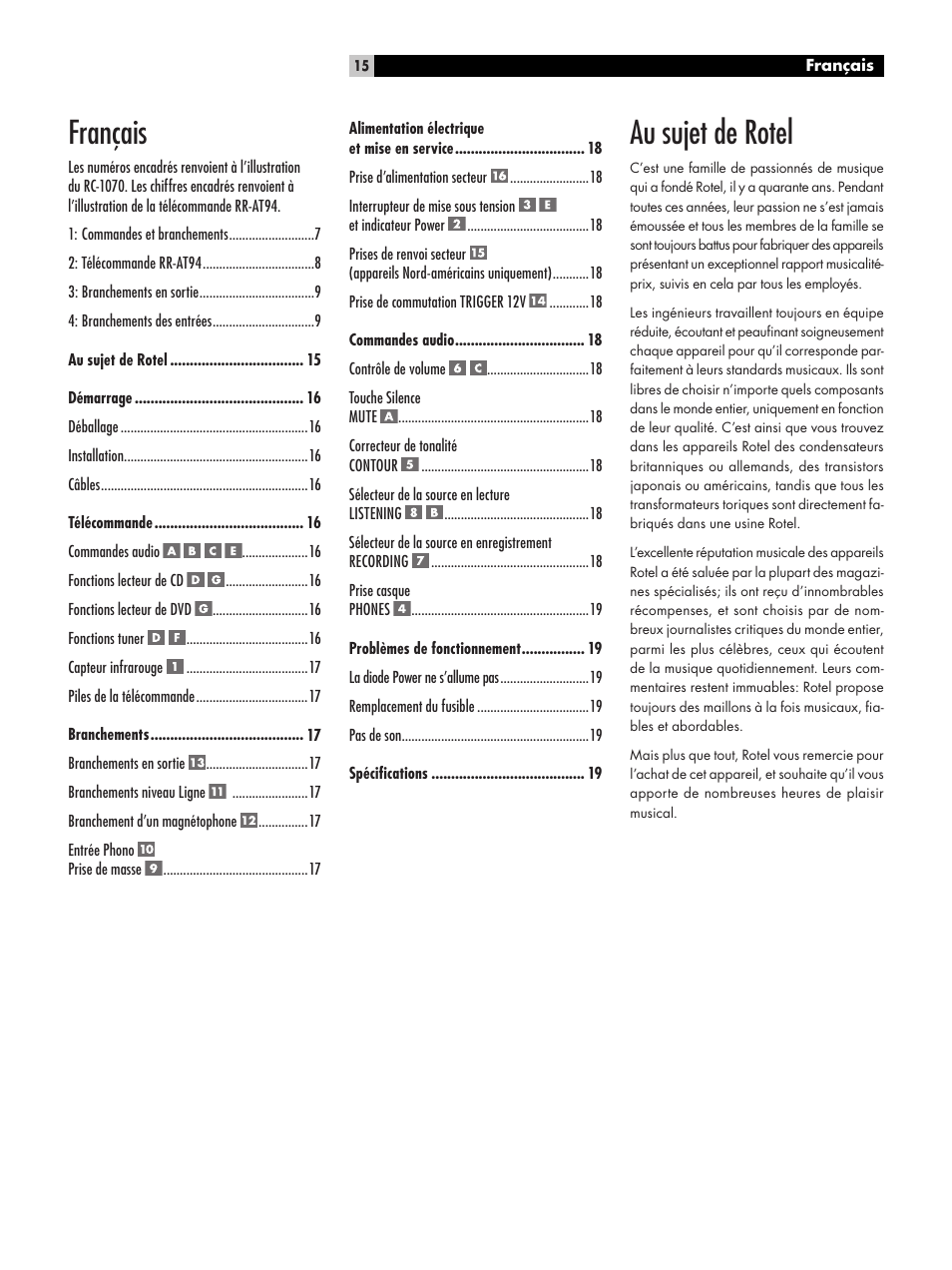 Au sujet de rotel, Français | ROTEL RC1070 User Manual | Page 15 / 40
