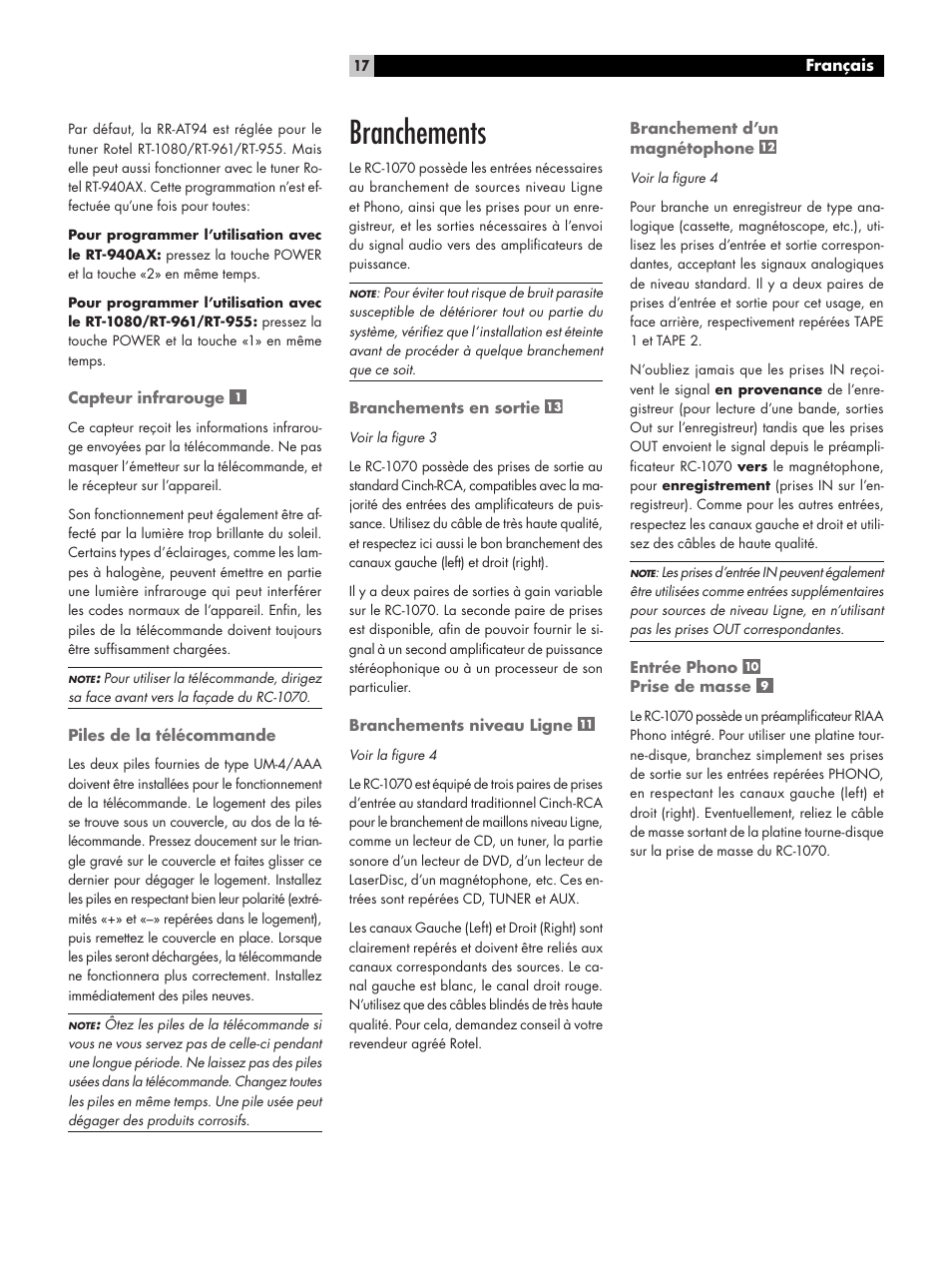 Branchements | ROTEL RC1070 User Manual | Page 17 / 40