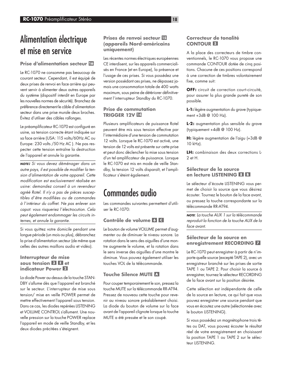 Alimentation électrique et mise en service, Commandes audio | ROTEL RC1070 User Manual | Page 18 / 40