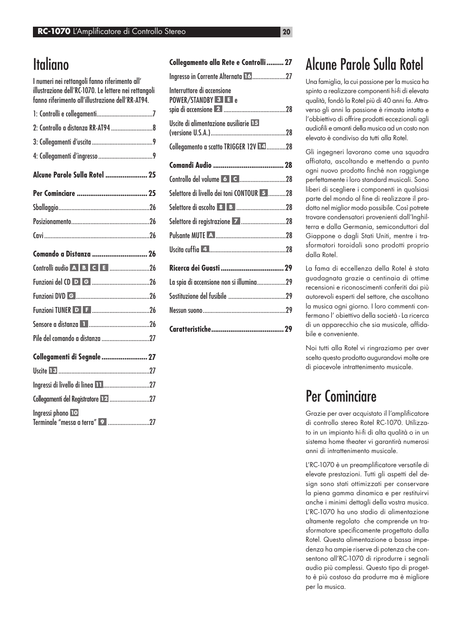 Alcune parole sulla rotel, Per cominciare, Italiano | ROTEL RC1070 User Manual | Page 20 / 40
