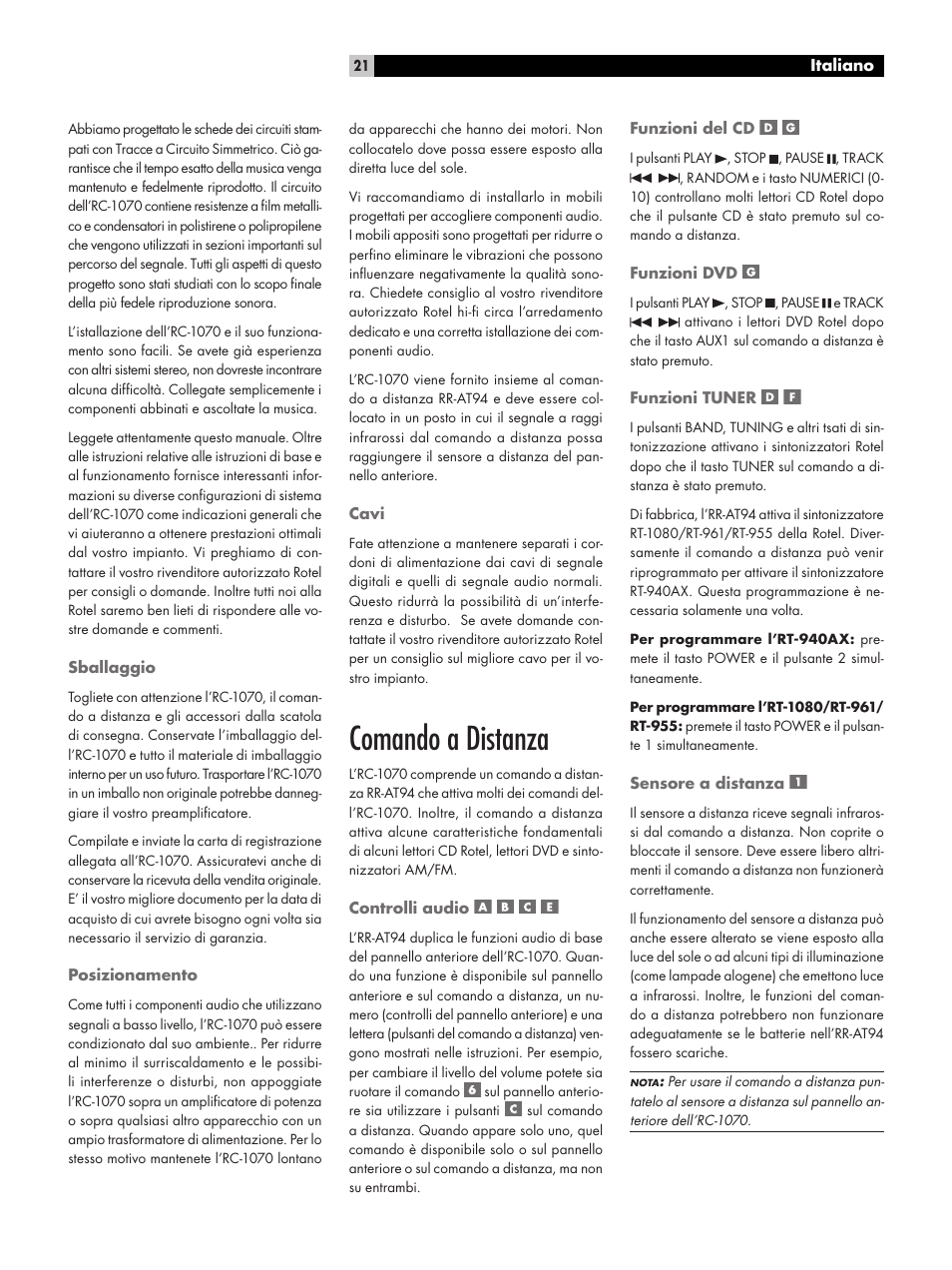 Comando a distanza | ROTEL RC1070 User Manual | Page 21 / 40