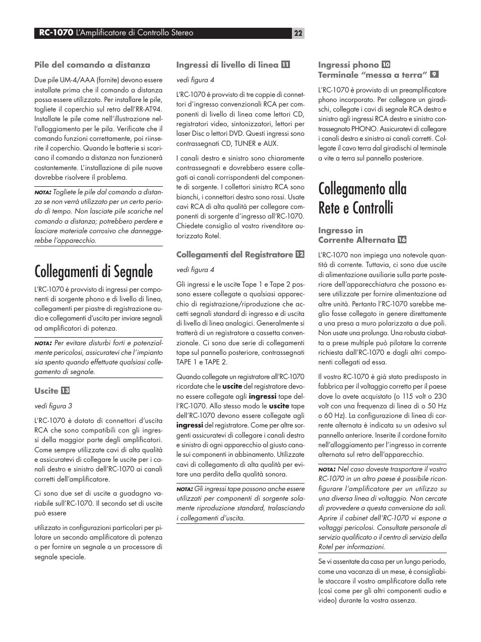 Collegamenti di segnale, Collegamento alla rete e controlli | ROTEL RC1070 User Manual | Page 22 / 40