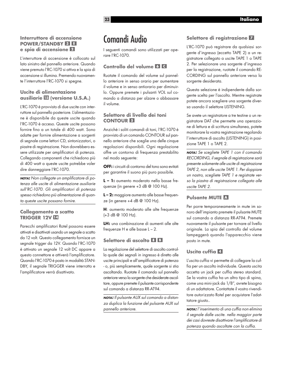 Comandi audio | ROTEL RC1070 User Manual | Page 23 / 40