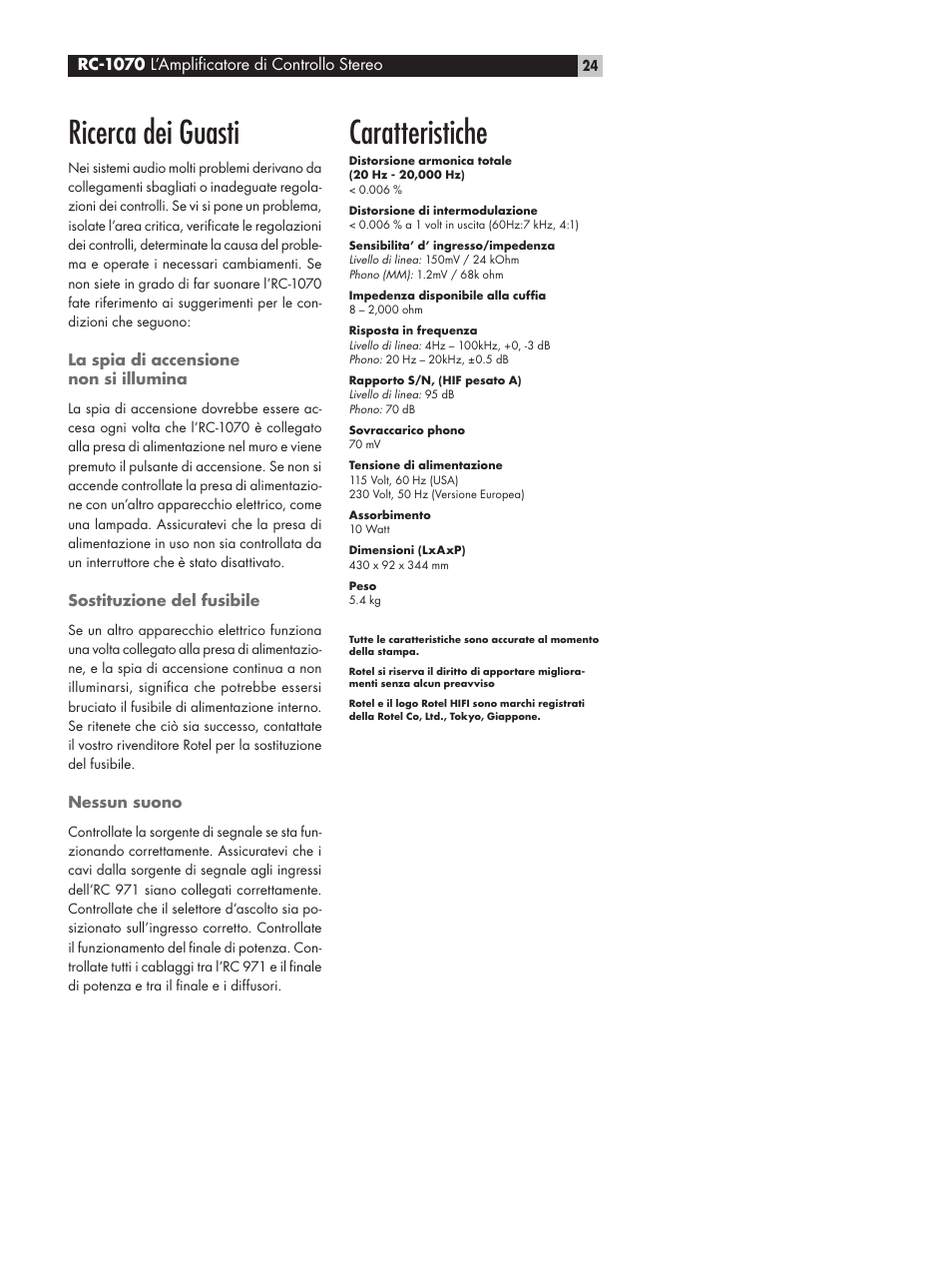 Ricerca dei guasti, Caratteristiche | ROTEL RC1070 User Manual | Page 24 / 40