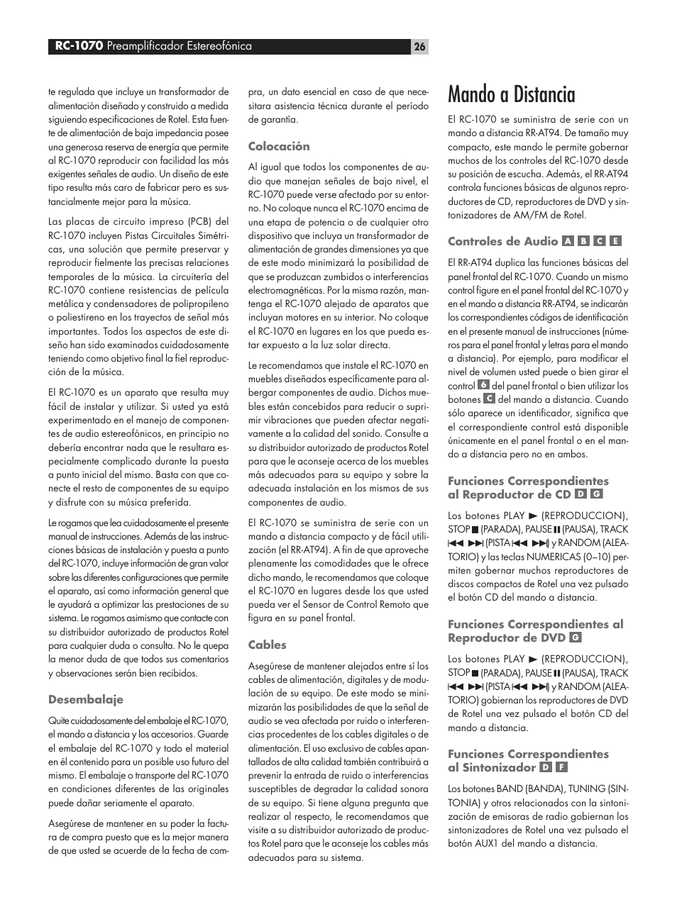 Mando a distancia | ROTEL RC1070 User Manual | Page 26 / 40