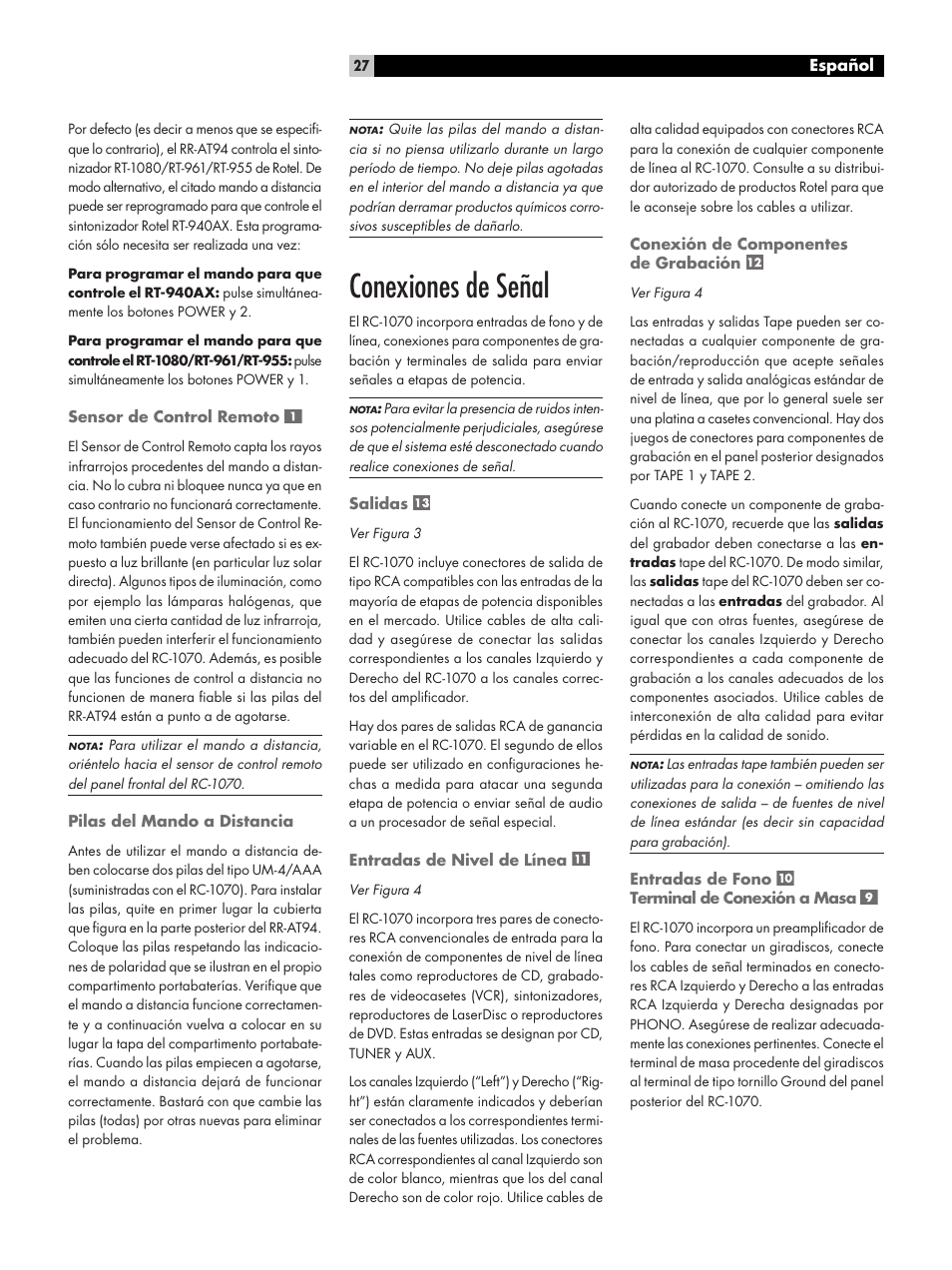 Conexiones de señal | ROTEL RC1070 User Manual | Page 27 / 40