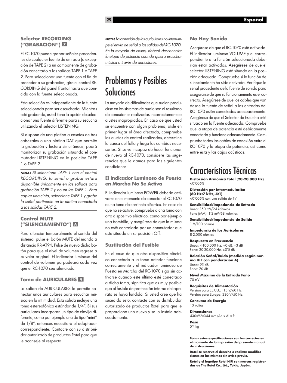 Problemas y posibles soluciones, Características técnicas | ROTEL RC1070 User Manual | Page 29 / 40