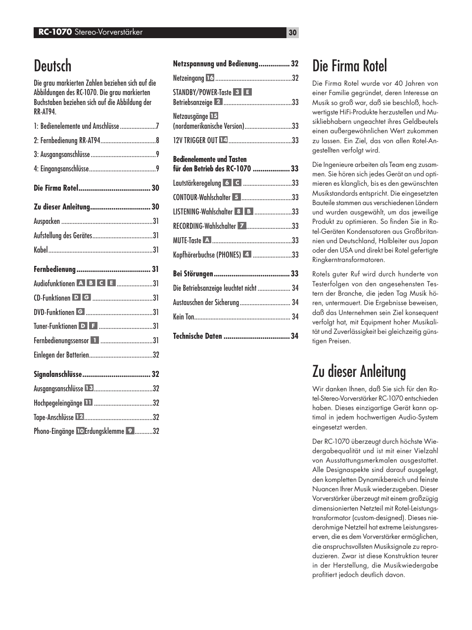 Die firma rotel, Zu dieser anleitung, Deutsch | ROTEL RC1070 User Manual | Page 30 / 40
