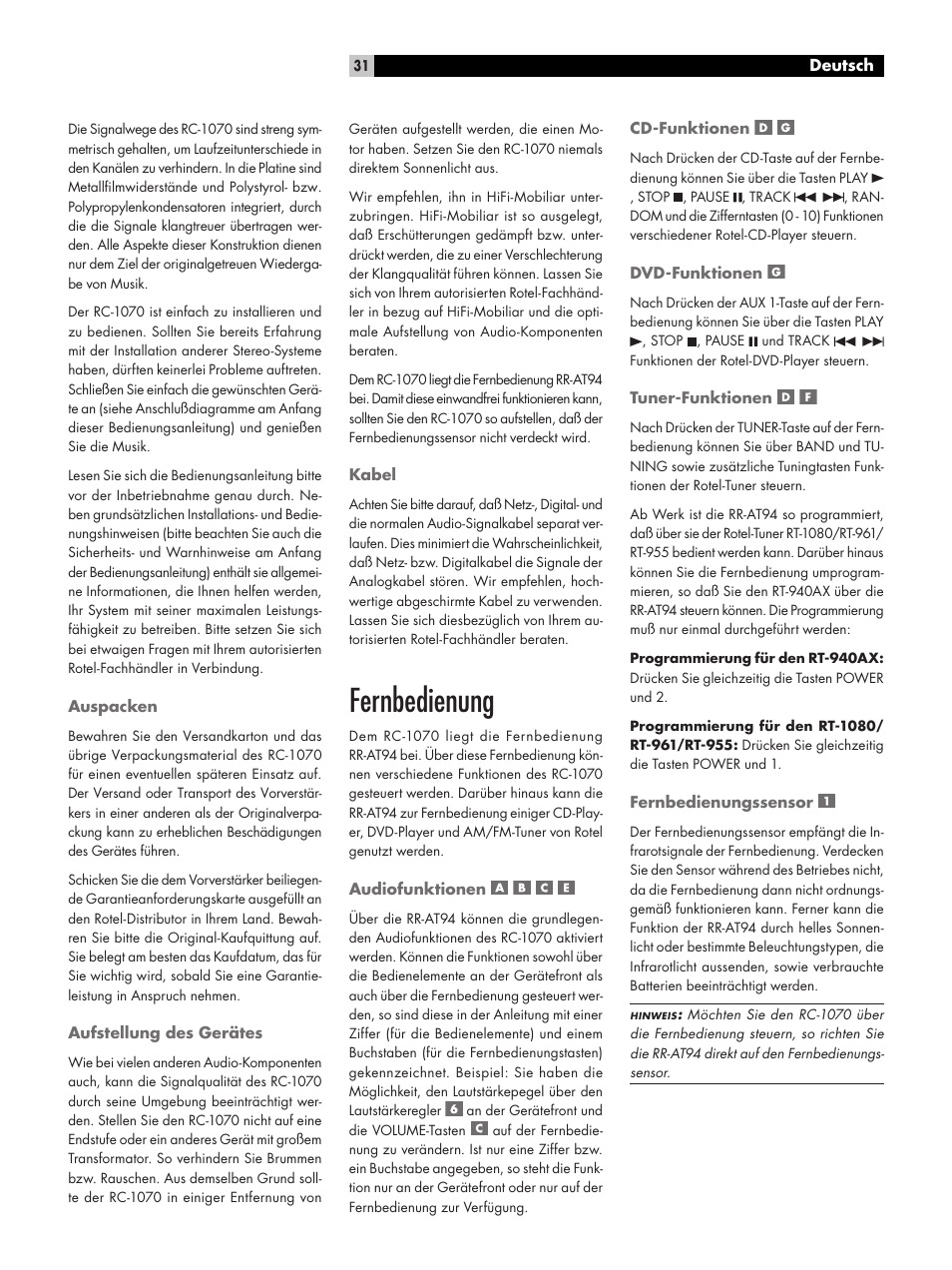 Fernbedienung | ROTEL RC1070 User Manual | Page 31 / 40