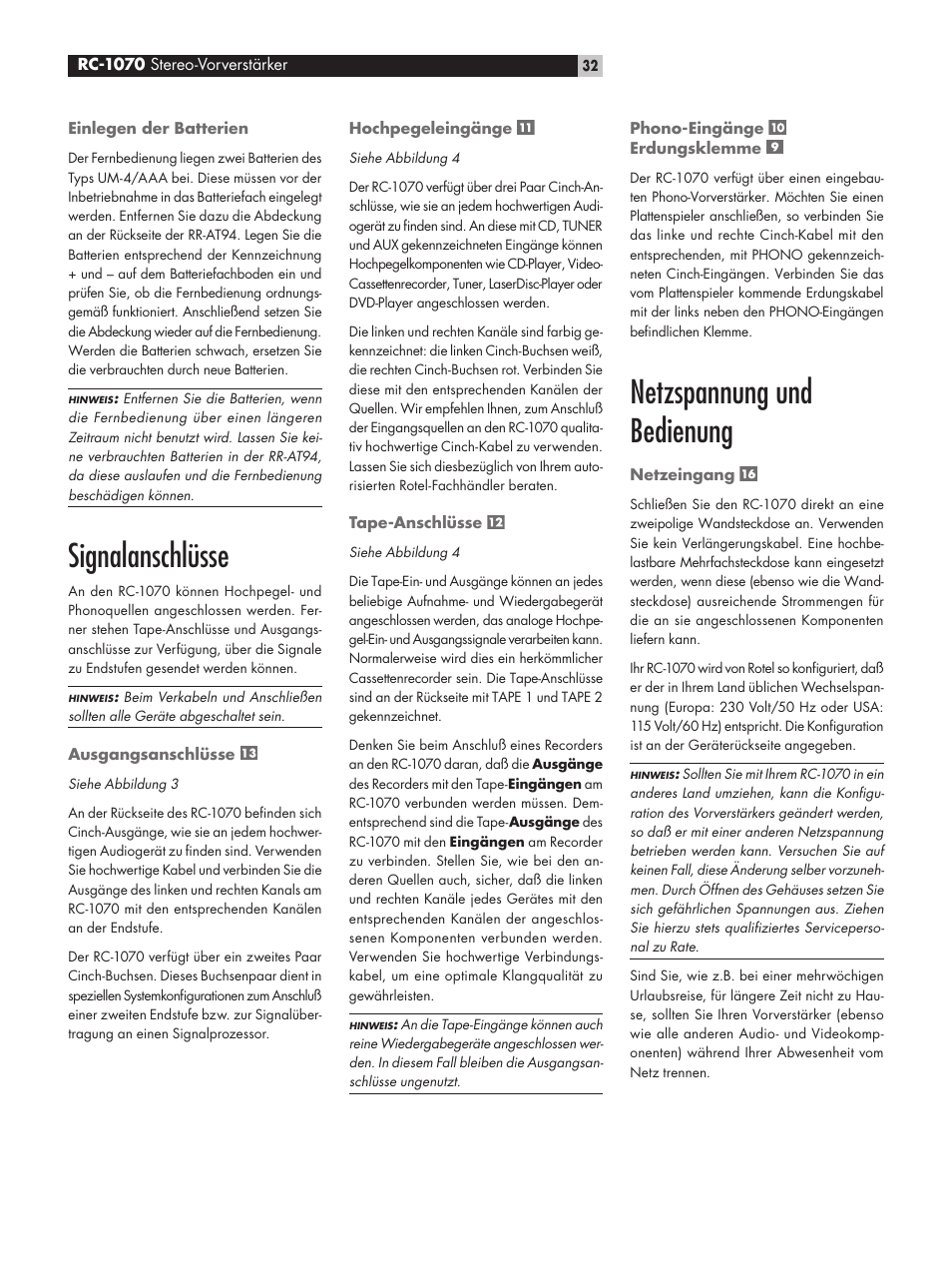 Signalanschlüsse, Netzspannung und bedienung | ROTEL RC1070 User Manual | Page 32 / 40