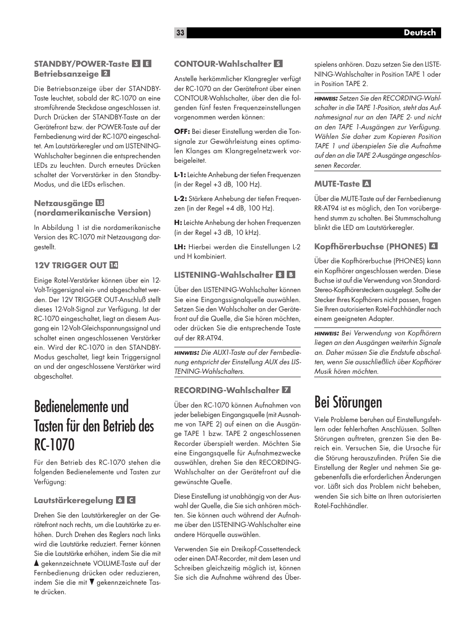 Bei störungen | ROTEL RC1070 User Manual | Page 33 / 40