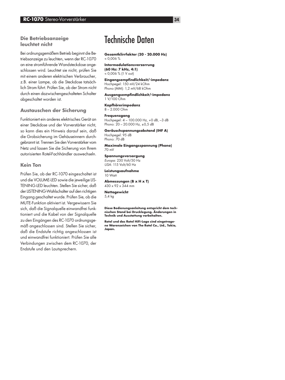 Technische daten, Rc-1070 stereo-vorverstärker | ROTEL RC1070 User Manual | Page 34 / 40