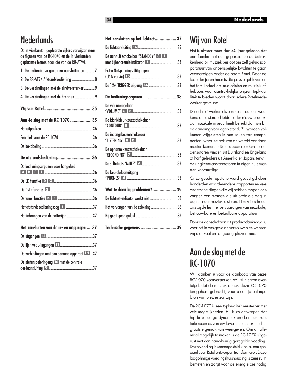 Wij van rotel, Aan de slag met de rc-1070, Nederlands | ROTEL RC1070 User Manual | Page 35 / 40