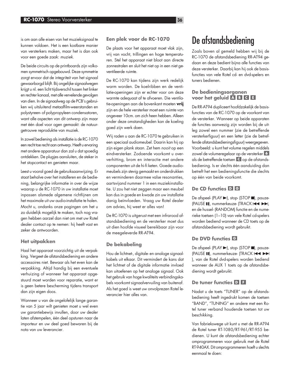 De afstandsbediening | ROTEL RC1070 User Manual | Page 36 / 40