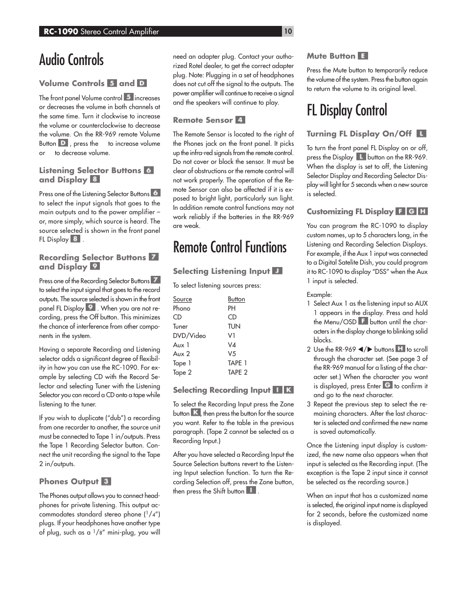 Audio controls, Remote control functions, Fl display control | ROTEL RC1090 User Manual | Page 10 / 46