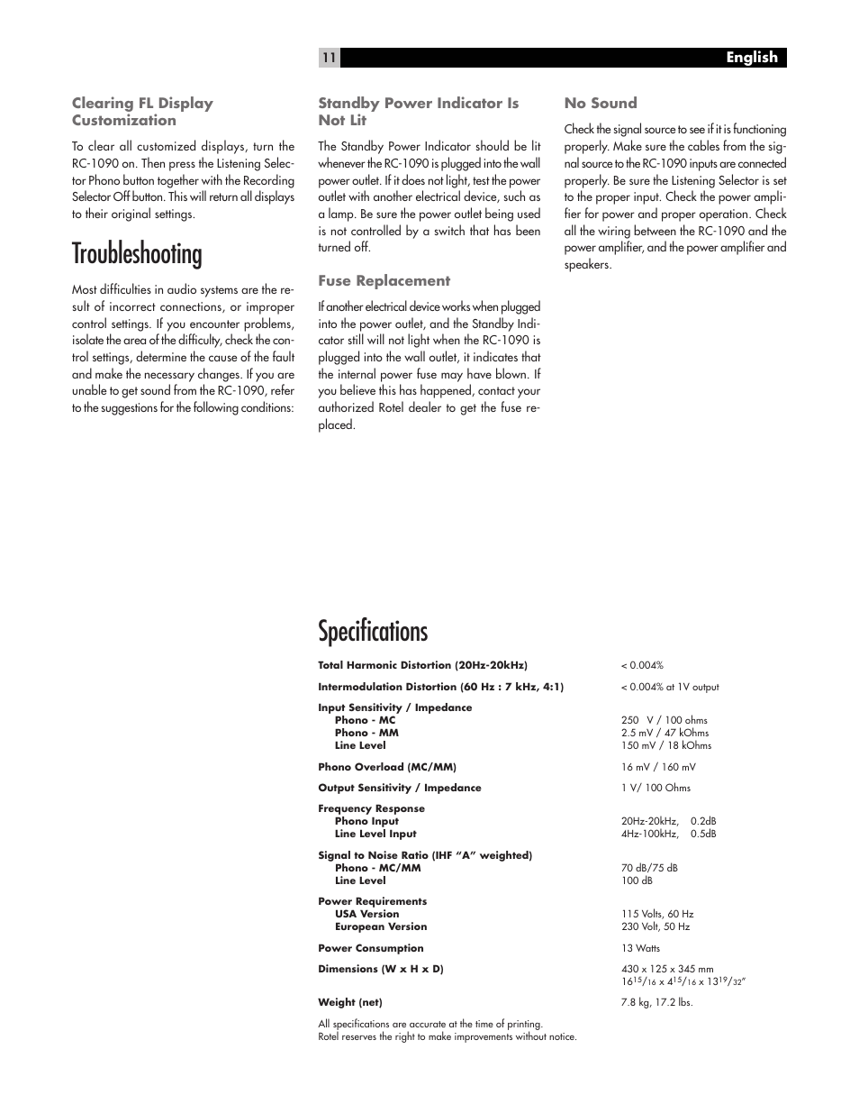 Specifications, Troubleshooting, English | Clearing fl display customization, Standby power indicator is not lit, Fuse replacement, No sound | ROTEL RC1090 User Manual | Page 11 / 46