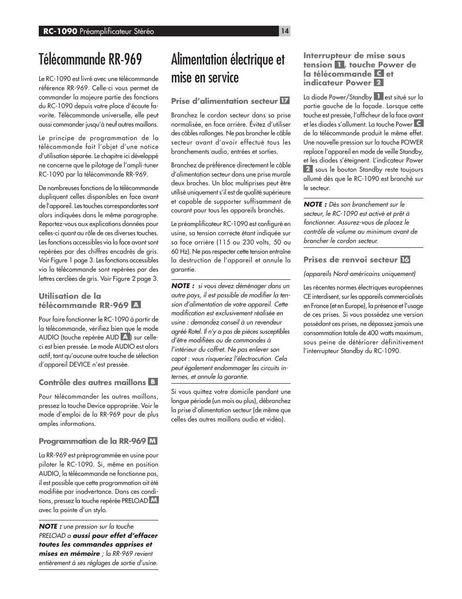 Télécommande rr-969, Alimentation électrique et mise en service | ROTEL RC1090 User Manual | Page 14 / 46