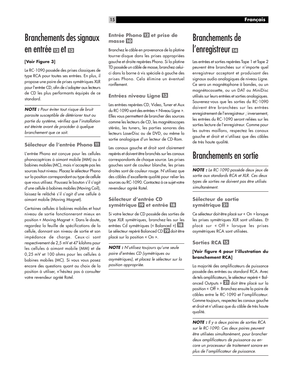 Branchements des signaux en entrée et, Branchements de l’enregistreur, Branchements en sortie | ROTEL RC1090 User Manual | Page 15 / 46