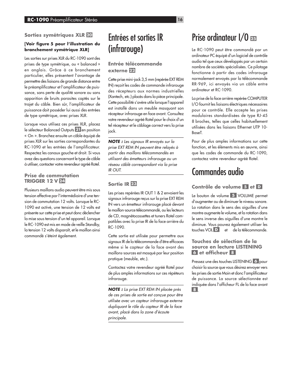 Entrées et sorties ir (infrarouge), Prise ordinateur i/o, Commandes audio | ROTEL RC1090 User Manual | Page 16 / 46