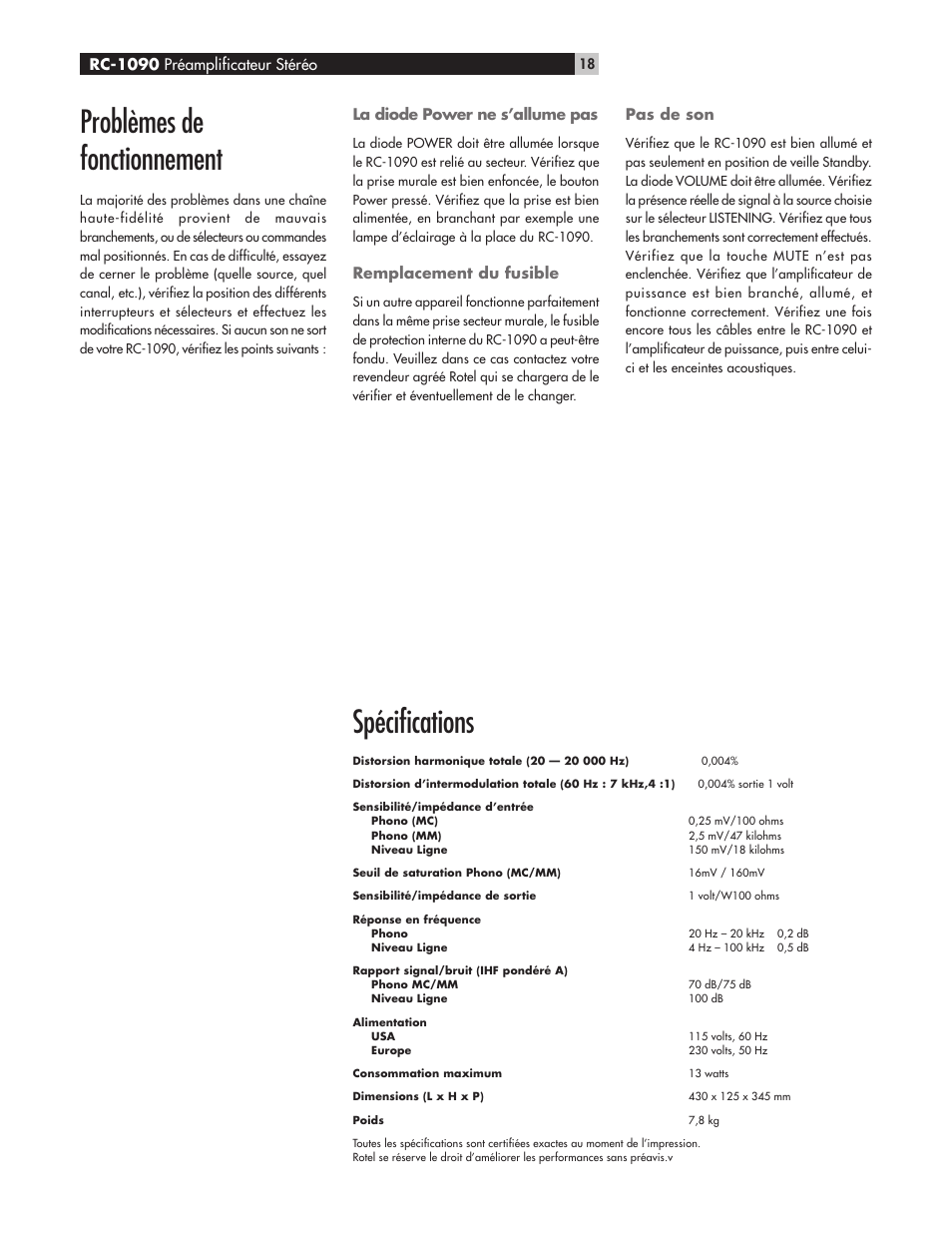 Problèmes de fonctionnement, Spécifications, La diode power ne s’allume pas | Remplacement du fusible, Pas de son, Rc-1090 préamplificateur stéréo | ROTEL RC1090 User Manual | Page 18 / 46