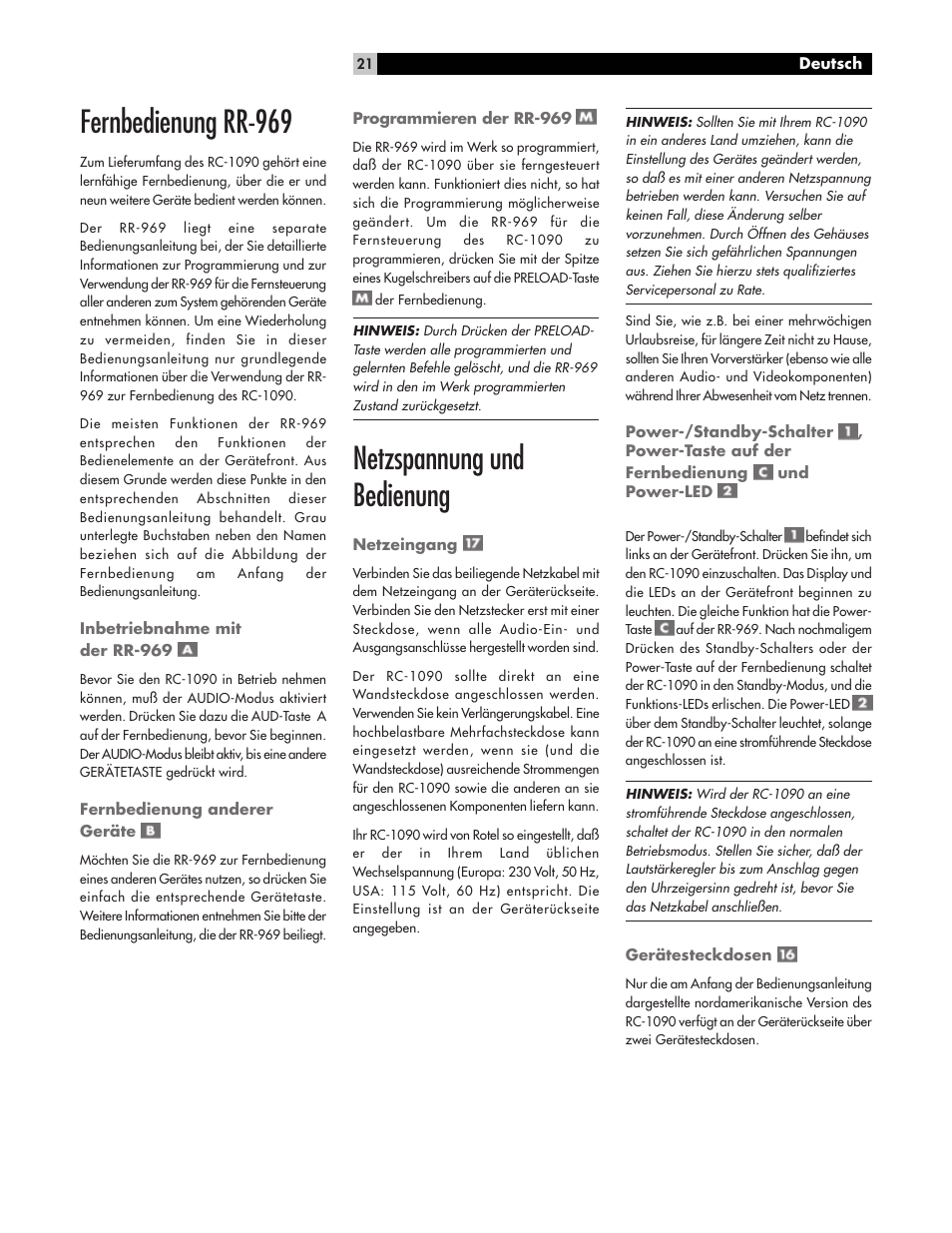 Fernbedienung rr-969, Netzspannung und bedienung | ROTEL RC1090 User Manual | Page 21 / 46