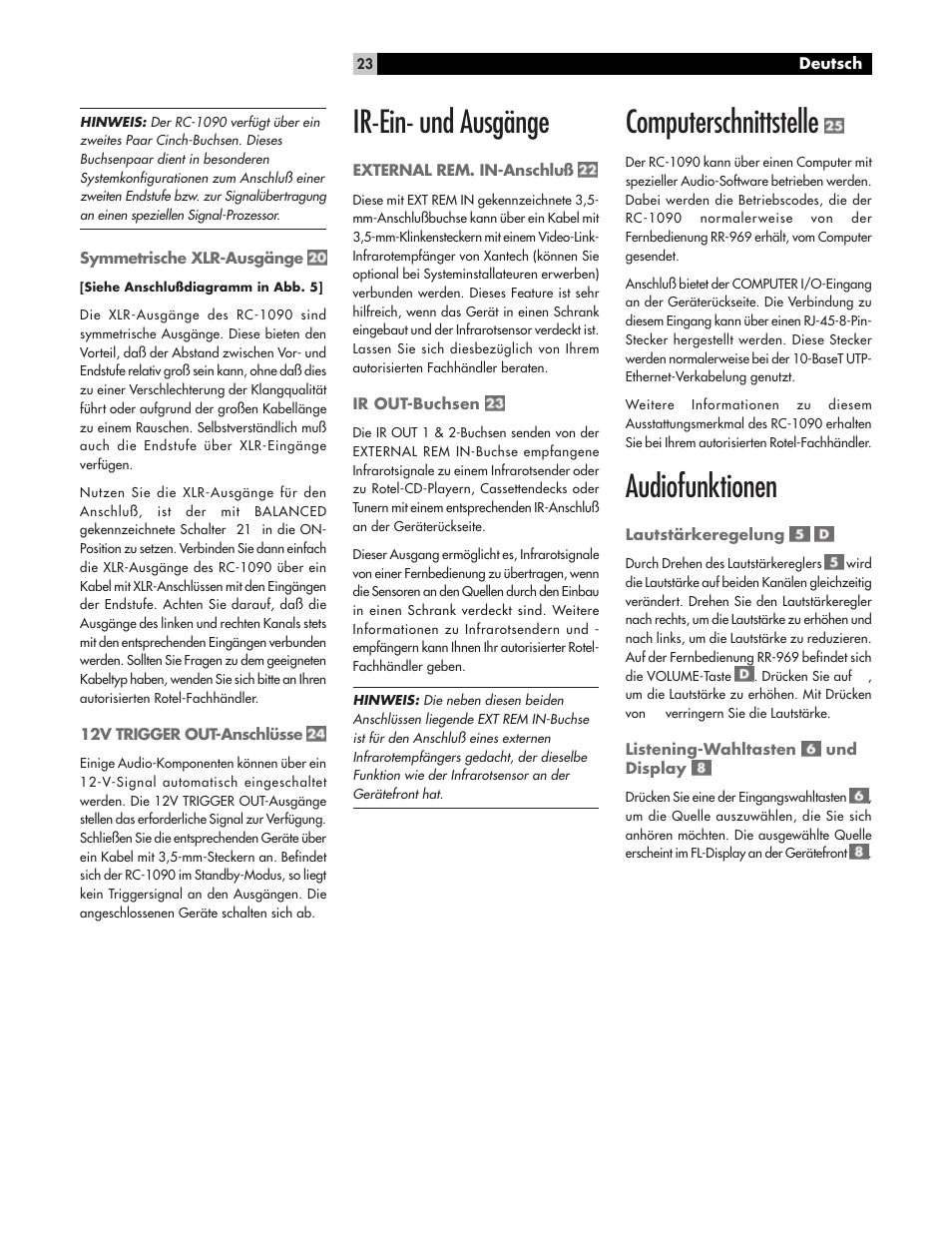 Ir-ein- und ausgänge, Computerschnittstelle, Audiofunktionen | ROTEL RC1090 User Manual | Page 23 / 46