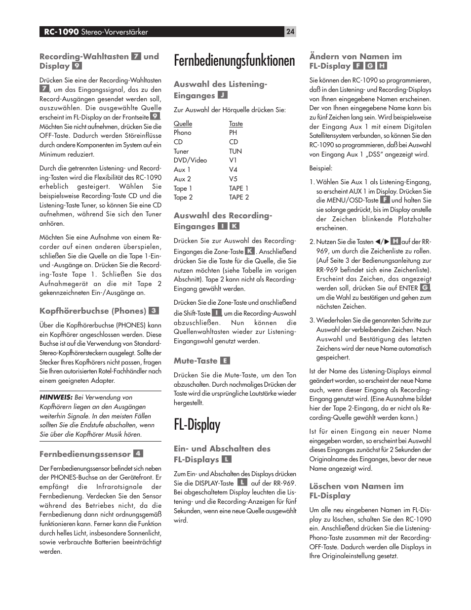 Fernbedienungsfunktionen, Fl-display | ROTEL RC1090 User Manual | Page 24 / 46