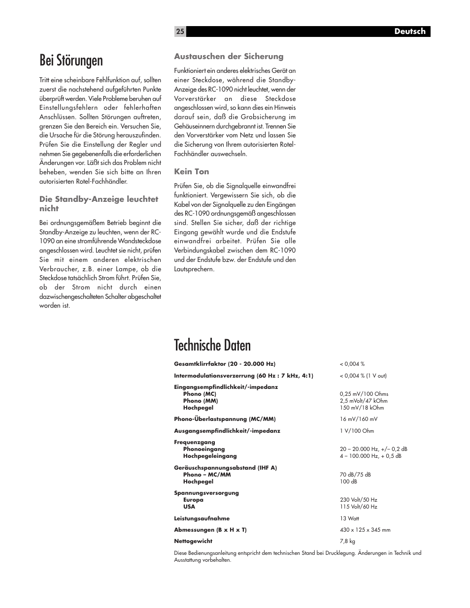 Bei störungen, Technische daten | ROTEL RC1090 User Manual | Page 25 / 46