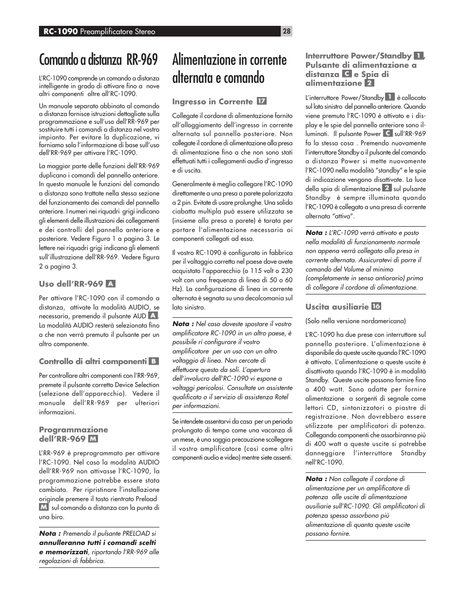 Comando a distanza rr-969, Alimentazione in corrente alternata e comando | ROTEL RC1090 User Manual | Page 28 / 46