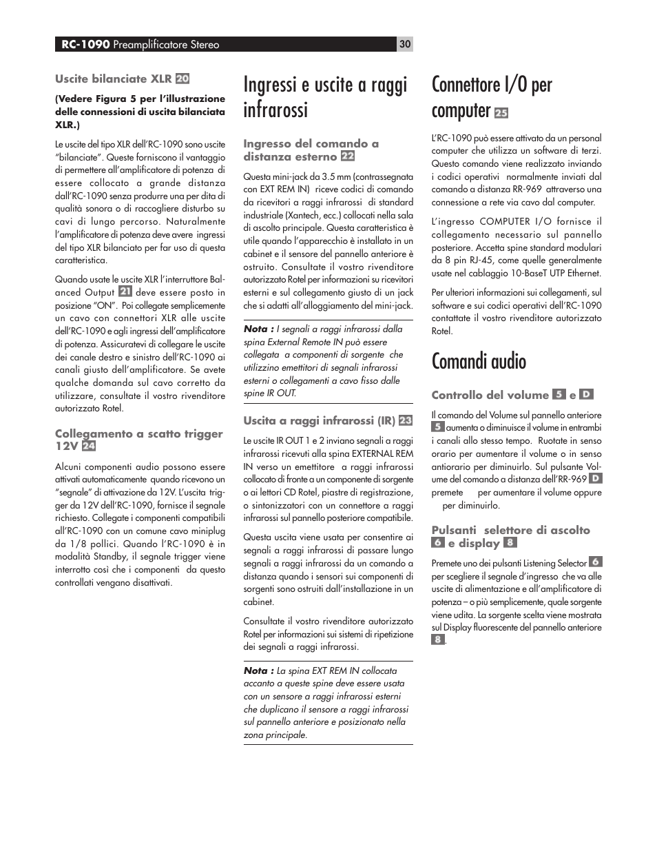 Ingressi e uscite a raggi infrarossi, Connettore i/o per computer, Comandi audio | ROTEL RC1090 User Manual | Page 30 / 46