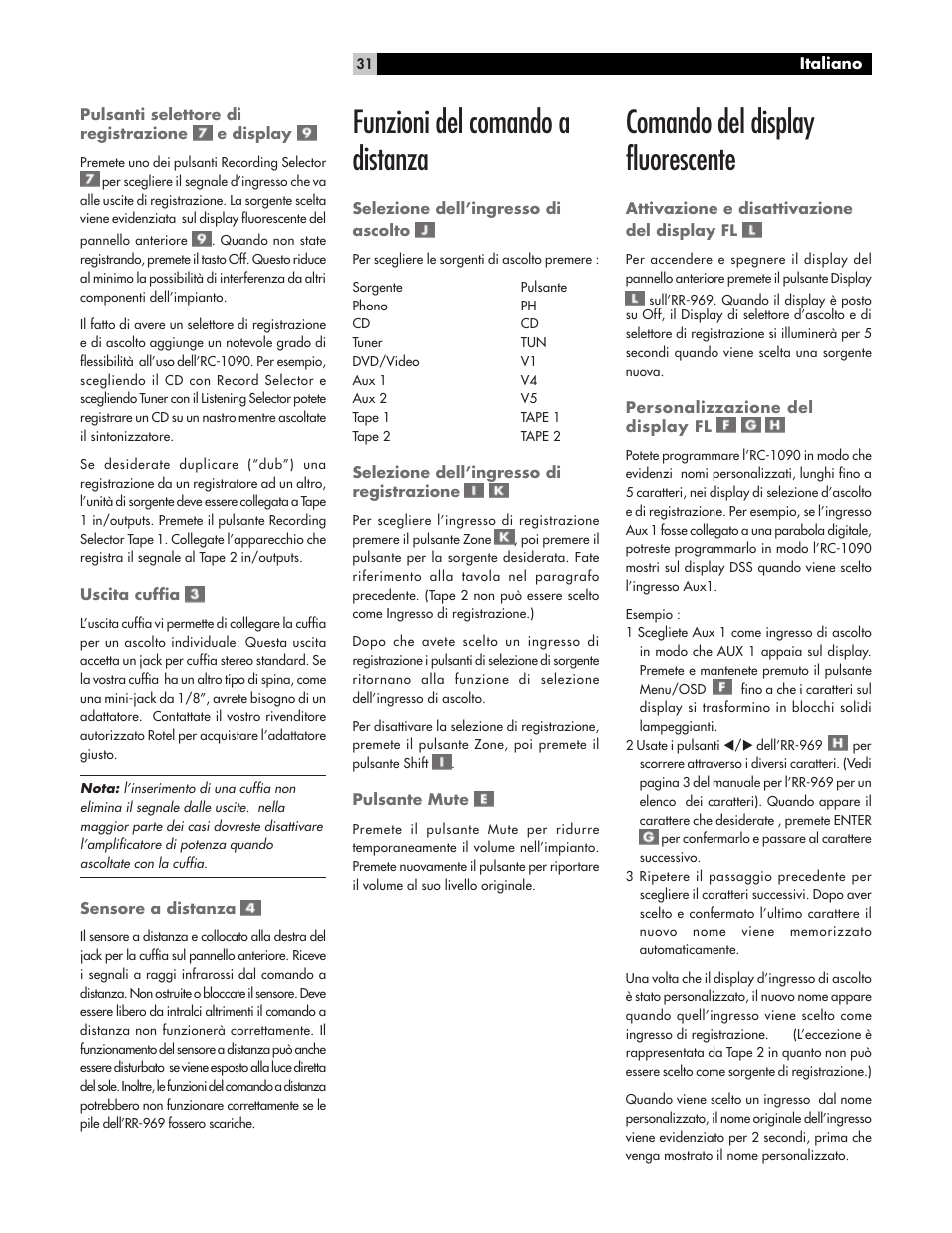 Funzioni del comando a distanza, Comando del display fluorescente | ROTEL RC1090 User Manual | Page 31 / 46