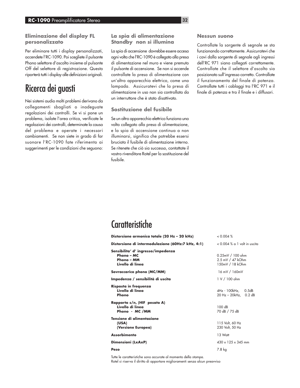 Ricerca dei guasti, Caratteristiche | ROTEL RC1090 User Manual | Page 32 / 46