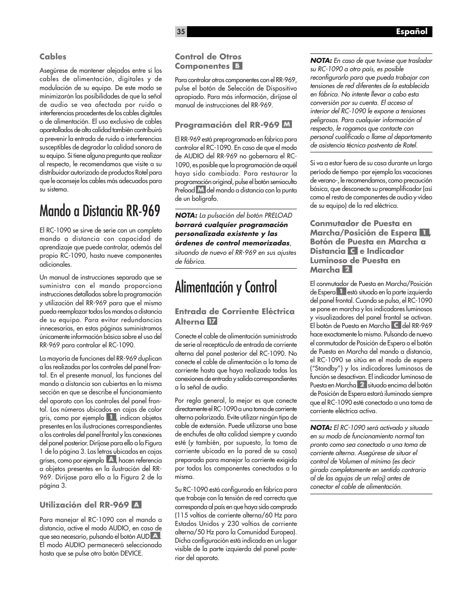 Mando a distancia rr-969, Alimentación y control | ROTEL RC1090 User Manual | Page 35 / 46