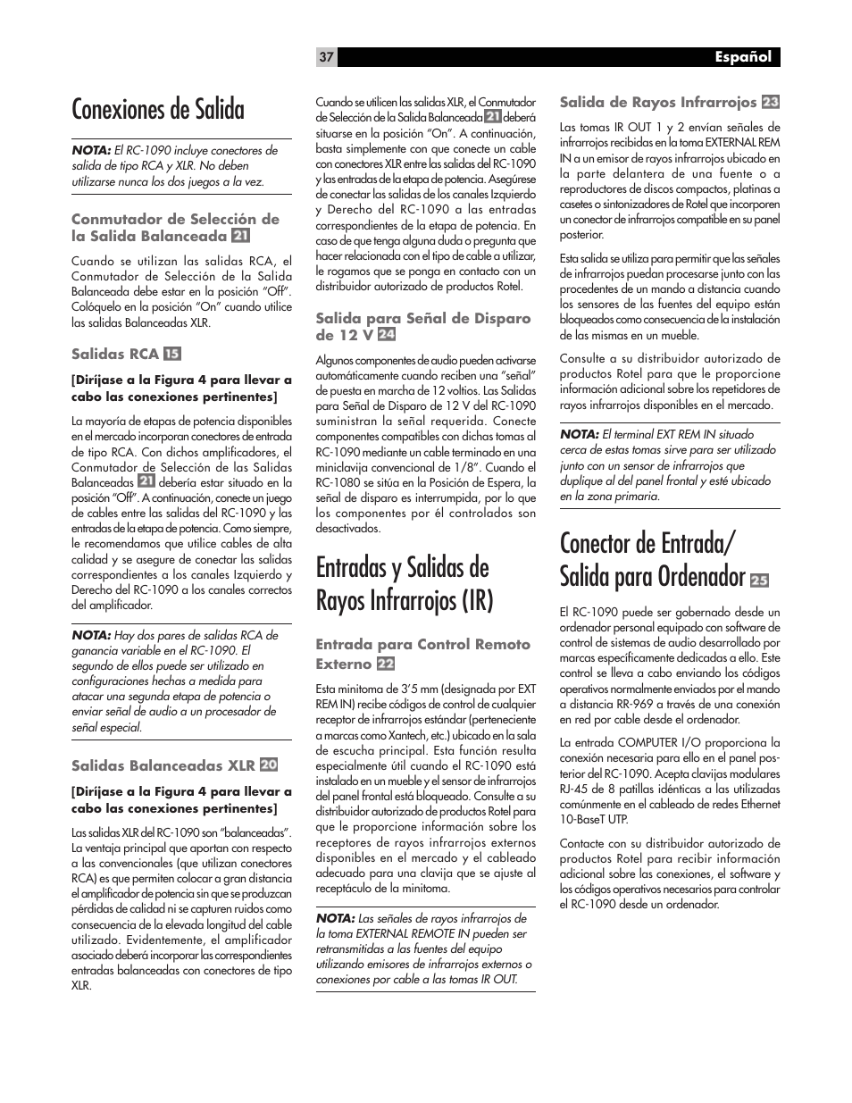 Conexiones de salida, Entradas y salidas de rayos infrarrojos (ir), Conector de entrada/ salida para ordenador | ROTEL RC1090 User Manual | Page 37 / 46