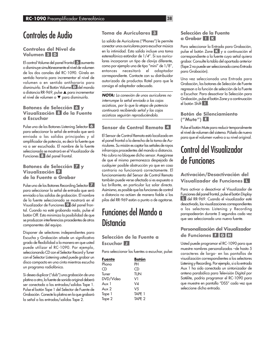 Controles de audio, Funciones del mando a distancia, Control del visualizador de funciones | ROTEL RC1090 User Manual | Page 38 / 46