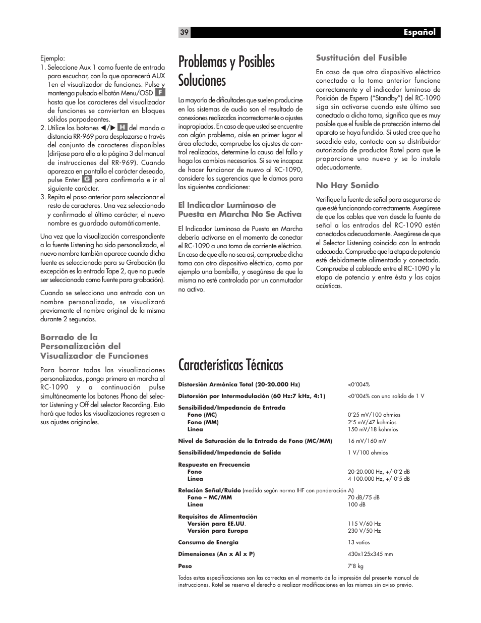 Problemas y posibles soluciones, Características técnicas | ROTEL RC1090 User Manual | Page 39 / 46