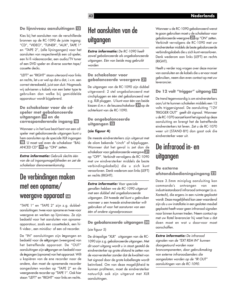 Het aansluiten van de uitgangen, De infrarood in- en uitgangen | ROTEL RC1090 User Manual | Page 43 / 46