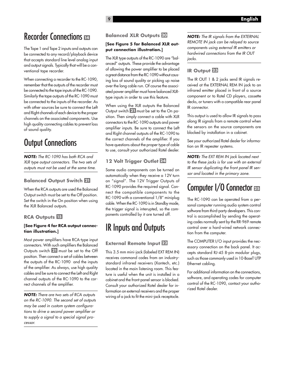 Recorder connections, Output connections, Ir inputs and outputs | Computer i/o connector | ROTEL RC1090 User Manual | Page 9 / 46