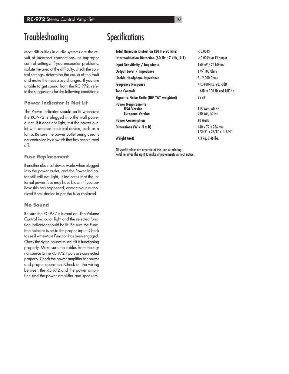 Troubleshooting, Specifications | ROTEL RC972 User Manual | Page 10 / 34