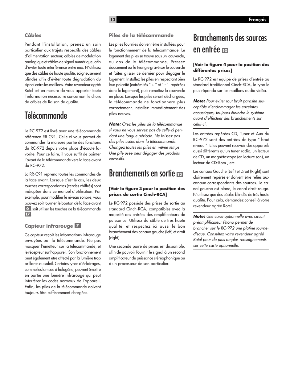 Télécommande, Branchements en sortie, Branchements des sources en entrée | ROTEL RC972 User Manual | Page 13 / 34