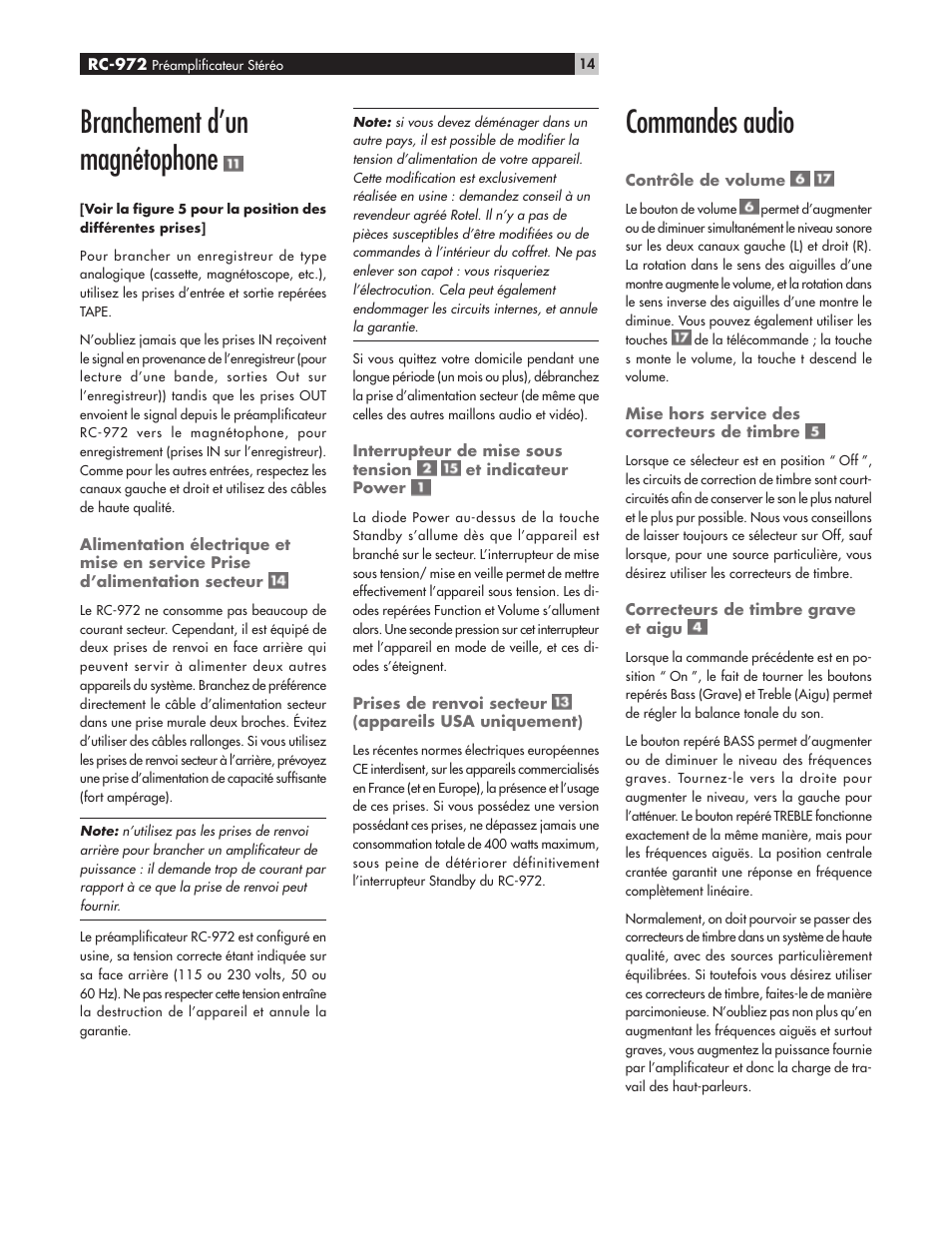 Branchement d’un magnétophone, Commandes audio | ROTEL RC972 User Manual | Page 14 / 34