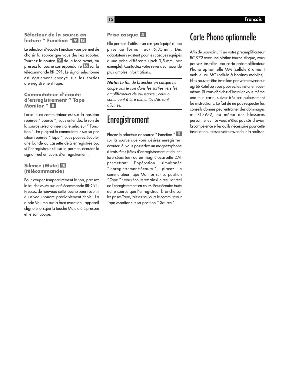 Enregistrement, Carte phono optionnelle | ROTEL RC972 User Manual | Page 15 / 34