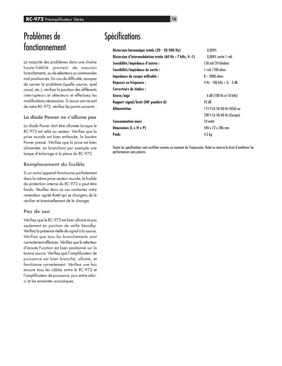 Spécifications, Problèmes de fonctionnement | ROTEL RC972 User Manual | Page 16 / 34