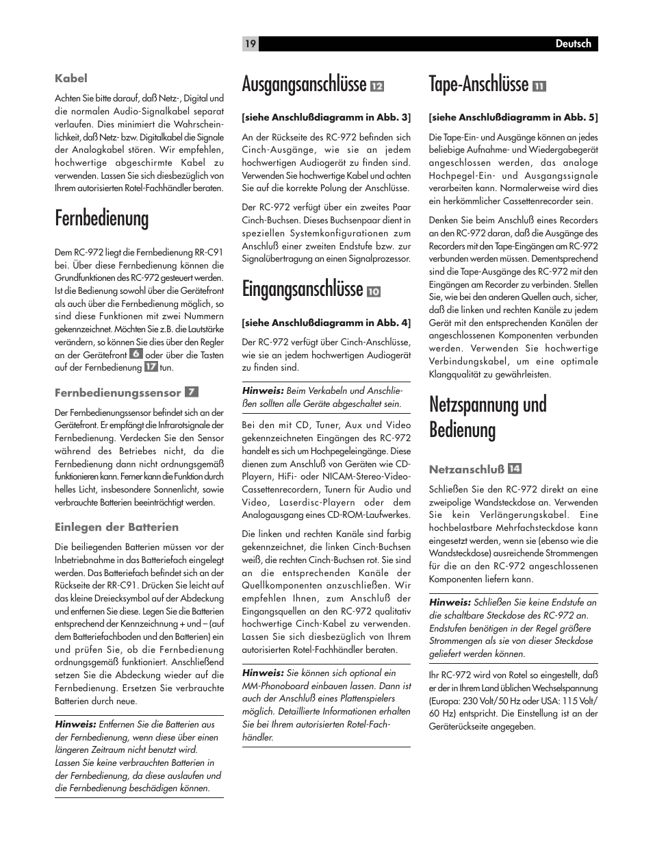 Fernbedienung, Ausgangsanschlüsse, Eingangsanschlüsse | Tape-anschlüsse, Netzspannung und bedienung | ROTEL RC972 User Manual | Page 19 / 34